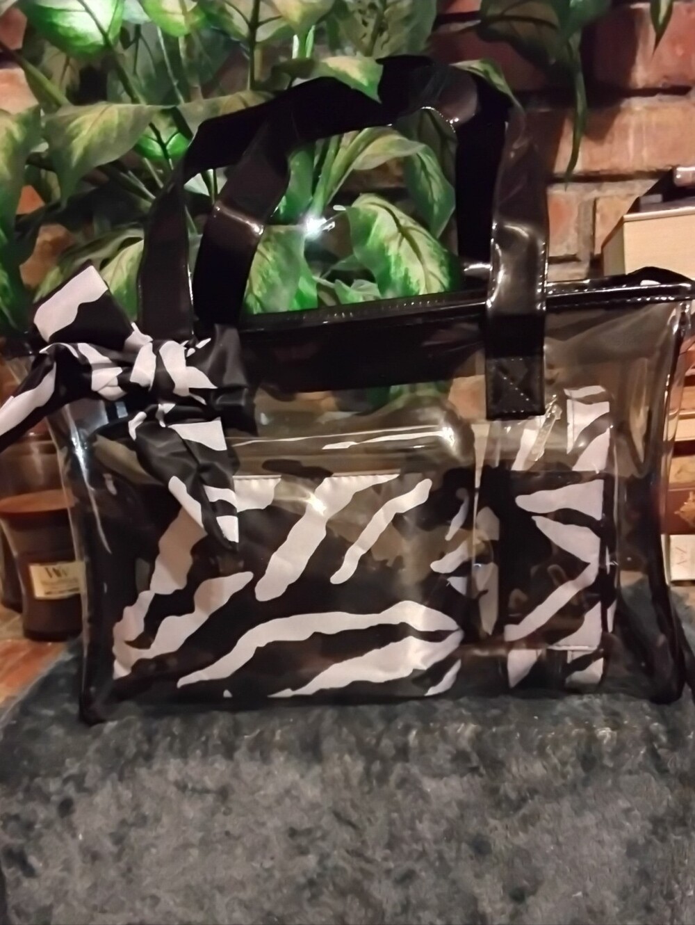 Modella 3 Piece Clear Black Zebra Tote Bag with 2  Removable Pouches Nwt